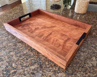 Cherry Wood Serving Tray  Solid Wood Bottom with Walnut Splines and Black Handles