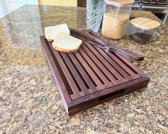 Handmade Walnut Bread Crumb Tray with Knife – Solid or Veneer Bottom Option – Wooden Serving Tray Gift for Bread Lovers