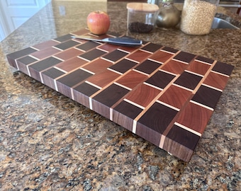 Handmade Brick Pattern End Grain Cutting Board – Solid Cherry, Walnut & Maple