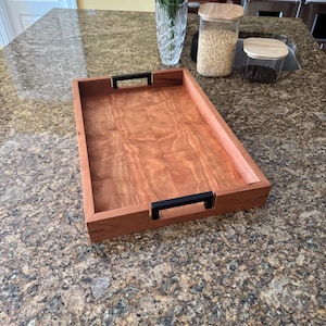 Cherry Wood Serving Tray Solid Wood Bottom with Walnut Splines and Black Handles