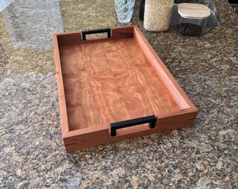 Cherry Wood Serving Tray Solid Wood Bottom with Walnut Splines and Black Handles