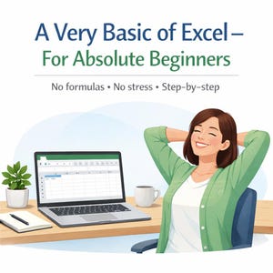 May include: Illustration of a woman smiling with her hands behind her head, sitting at a desk with a laptop. The laptop displays a spreadsheet. Text above reads "A Very Basic of Excel - For Absolute Beginners". A small plant and a coffee cup are also on the desk.