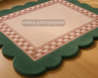 Hand Tufted Scalloped Wool Rug, Modern Checkered Border Area Rug, Green & Blush Pink Rug, Custom NZ Wool Carpet, Handmade India