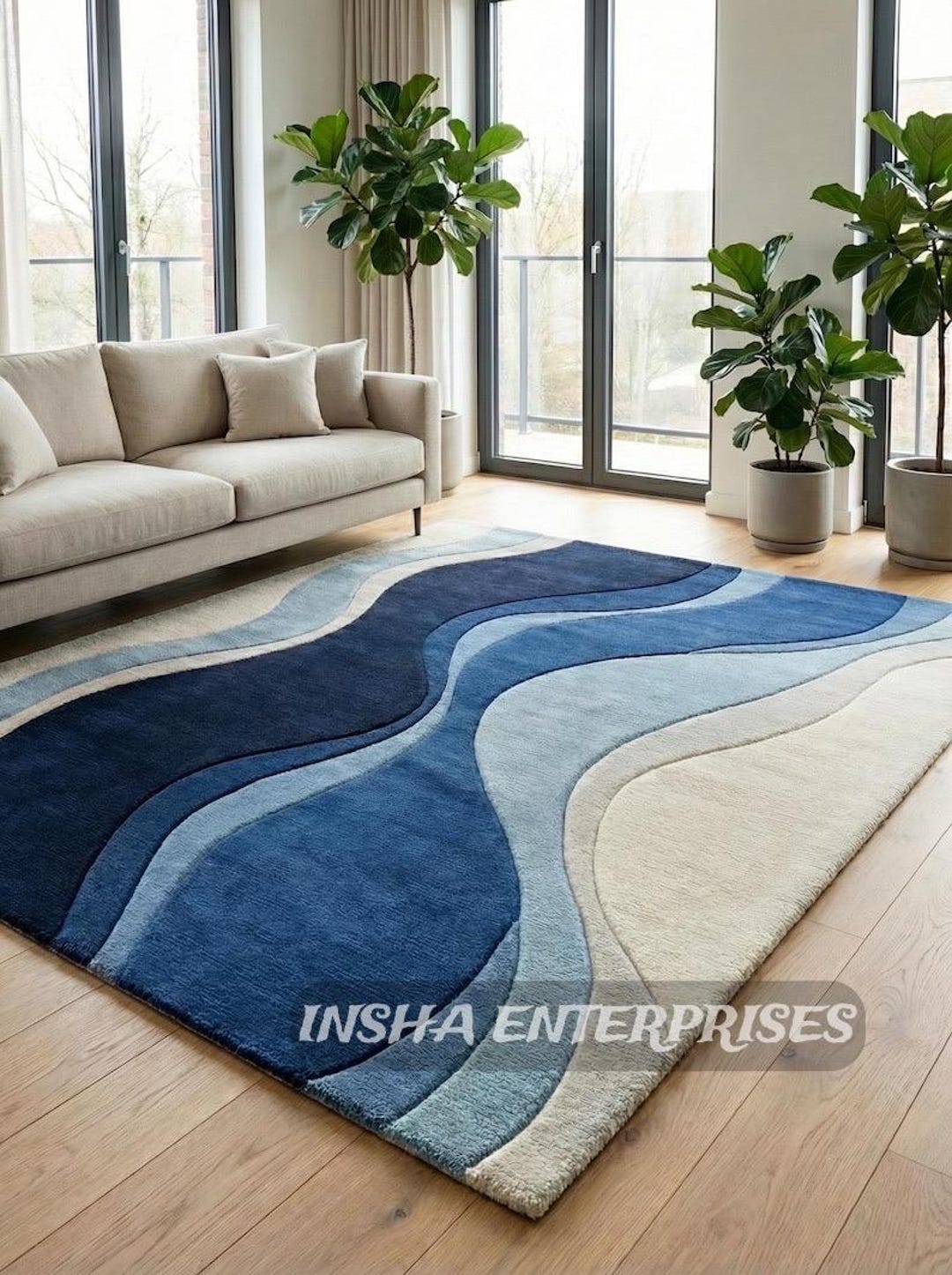 Modern Abstract Blue Area Rug, Hand Tufted Wool Carpet, Luxury Wave ...