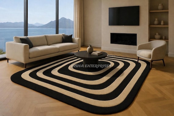 Abstract Geometric Area Rug, Black Beige Modern Carpet, Rounded Rectangle Contemporary Living Room Bedroom Home Decor