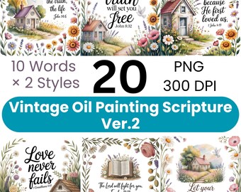 Vintage Oil Painting Bible Verse PNG Bundle | 20 Christian Scripture ...