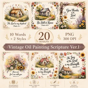 Op de afbeelding: Een digitale collectie van 20 bijbeltekstontwerpen in vintage olieverfstijl als PNG-bestanden. Elke vierkante afbeelding bevat een huisje, bloemenranden en bijbelverzen zoals The Lord is my shepherd, Be Still & Know en The Joy of the Lord.