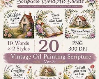 Vintage Oil Painting Scripture PNG Bundle | Floral Cottagecore Faith Art (Digital Download)