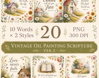 20 Christian Scripture PNG Bundle | Vintage Oil Painting Bible Verses | Floral Cottagecore Christian Clipart