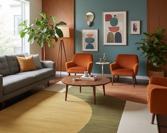 Tapis en laine tufté à la main, style moderne milieu de siècle, tons terre géométriques