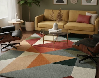 Hand-Tufted Wool Area Rug, Mid-Century Geometric Carpet, Earthy Color Block
