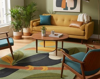 Mid Century Tukan Wollteppich: Handgetufteter Grüner Dschungel Teppich