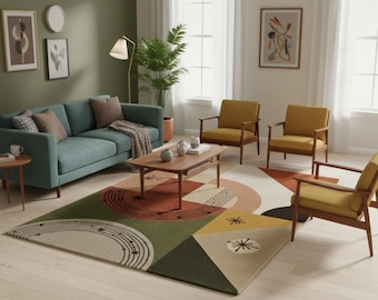 May include: A living room scene featuring a teal sofa, four yellow armchairs, and a geometric patterned rug with green, beige, and orange hues. A wooden coffee table and framed art complete the mid-century modern aesthetic.
