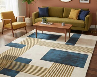 Hand Tufted Wool Area Rug, Mid-Century Modern Geometric Navy & Gold