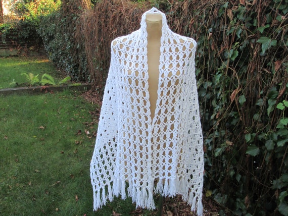 Long Wool Scarf / Hand Knitted / Warmer / White /