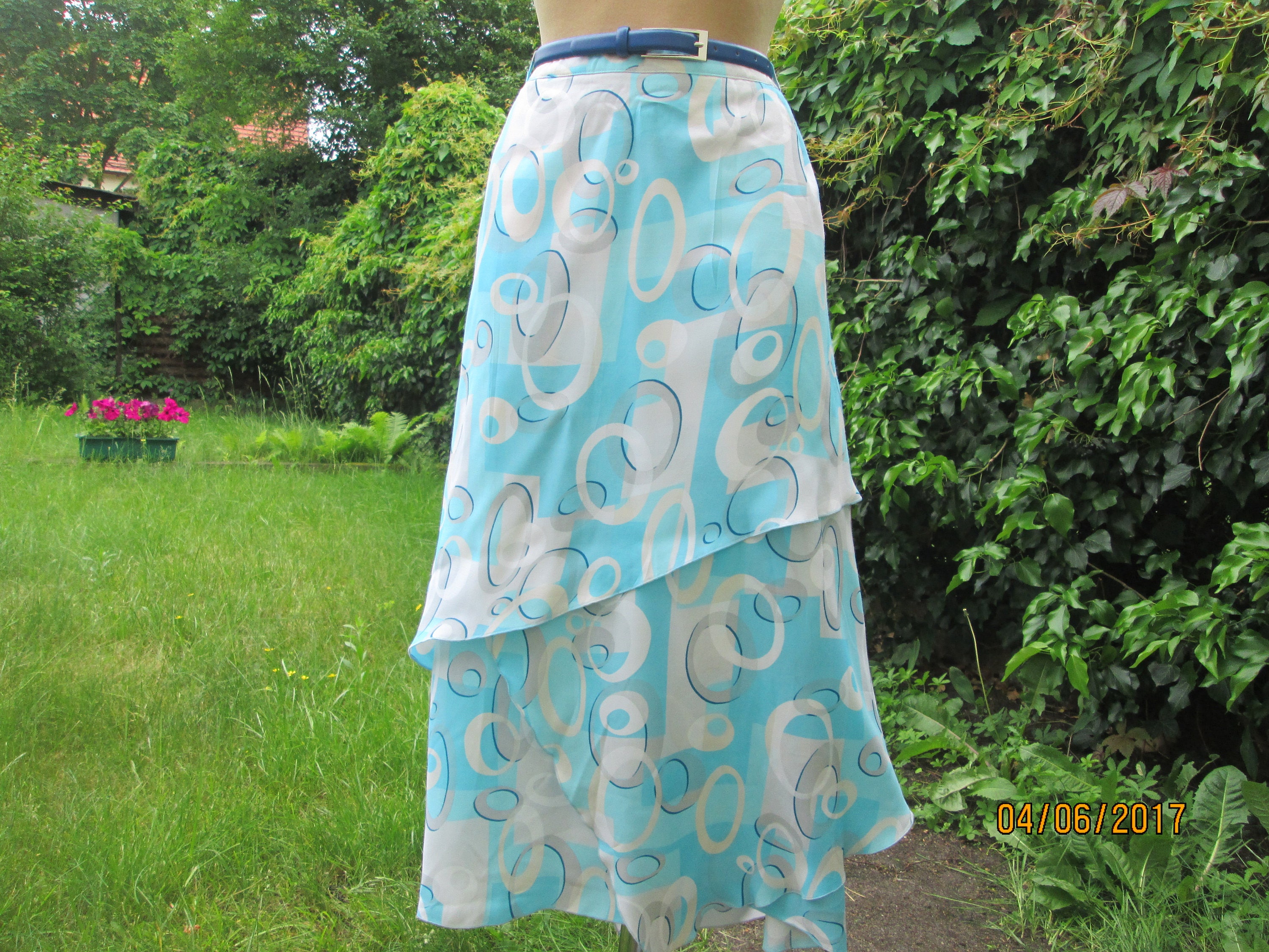 18 Blue Skirt Vintage Blue Skirt Summer Skirt A Line Skirt Navy/ Cream UK16 46 Size EUR44 Long Viscose Midi