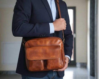 Brązowa skórzana torba listonoszka — pełnoziarnista torba na ramię dla mężczyzn — listonoszka vintage typu crossbody — ręcznie robiona skórzana torba podróżna