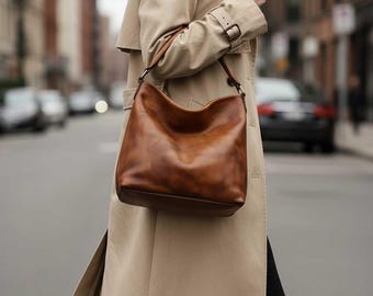 Bruine hobo-portemonnee voor dames, handgemaakte volnerf schoudertas, minimalistische alledaagse stijl