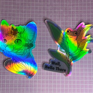Nature Sphynx Sphinx Cat Kitty or Frog Hello Die Cut Rainbow Holo Sticker