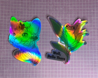 Nature Sphynx Sphinx Cat Kitty or Frog Hello Die Cut Rainbow Holo Sticker