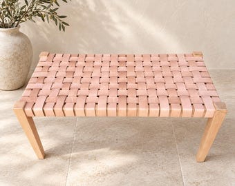 Banco de cuero auténtico tejido – Asiento de madera para recibidor