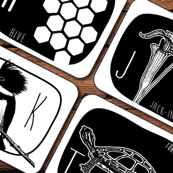 Black and White Contrast Animal Alphabet Art Cards-Baby shower gift-Infant Stimulation Cards Digital Printable