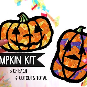 Pumpkin Kids Craft Kit Halloween Stained Glass Suncatcher kit Tissue paper, Kids Craft project, classroom party activity image 1