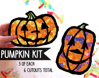 Pumpkin Kids Craft Kit Halloween Stained Glass Suncatcher kit Tissue paper, Kids Craft project, classroom party activity