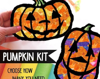 Pumpkin Kids Craft Kit Halloween Stained Glass Suncatcher kit Tissue paper, Kids Craft project, classroom party activity