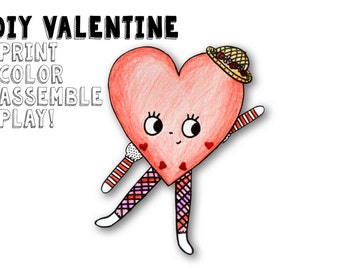 Instant Download- DIY Kids Valentine Day Cards. Printable Valentine for Children. Valentines Day Activity Articulated Dancing Heart