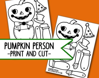 Pumpkin Person Halloween Jointed Doll Coloring sheet, Digital download for craft or party activity, project for fall classroom