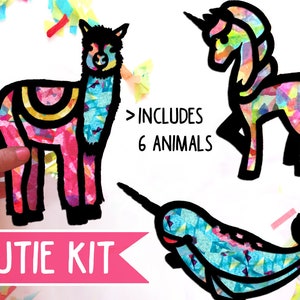 6 Cutouts Kids Craft Kit - Suncatcher Stained glass Unicorns, Narwhals, Llamas