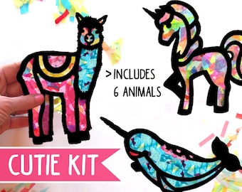 6 Cutouts Kids Craft Kit - Suncatcher Stained glass Unicorns, Narwhals, Llamas