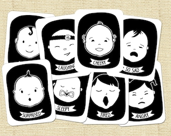 Baby Faces Black and White High Contrast Flash cards for Infants feelings expressions, printable, instant download