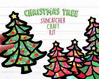 Trees Kids Craft Christmas Tree Holiday Stained Glass Suncatcher Kit Using Tissue paper, Arts and Crafts Activity, project, paper craft