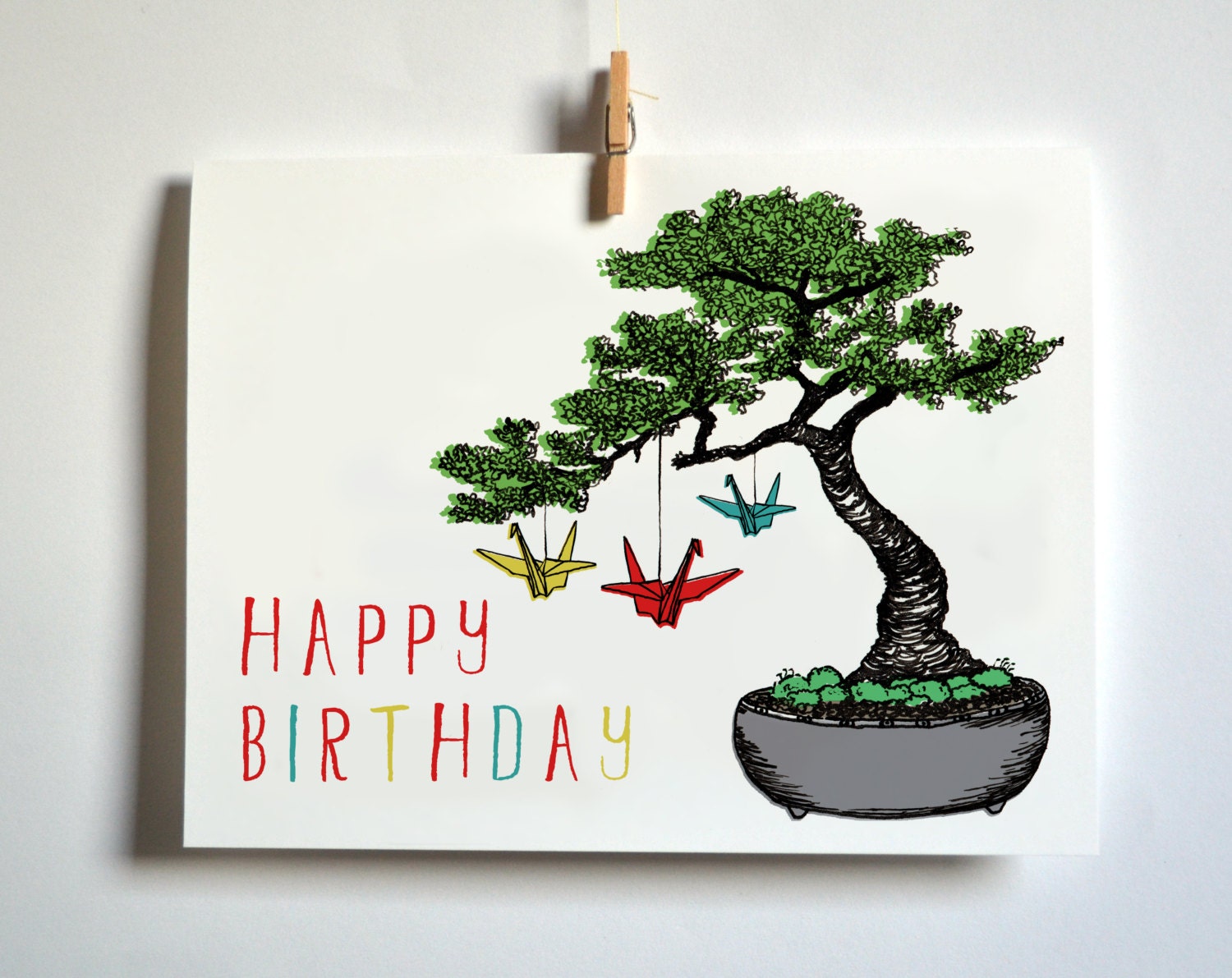 Bonsai Tree and Paper Cranes Happy Birthday Card - Etsy UK