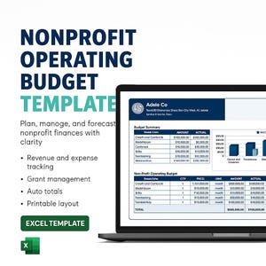 May include: A laptop screen shows a nonprofit operating budget template. The display features a budget summary and non-profit operating budget details. Text includes "Plan, manage, and forecast nonprofit finances with clarity" and "Excel Template."