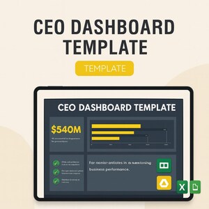 May include: A digital tablet displaying a "CEO Dashboard Template." The screen shows financial data, charts, and text. The top of the image reads "CEO DASHBOARD TEMPLATE" in bold, black letters. A yellow rectangle reads "TEMPLATE".