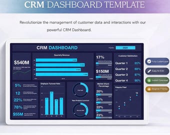 Plantilla de panel de control CRM / Hoja de cálculo de Excel para gestión de ventas y clientes / Sistema de seguimiento de KPI y clientes / Descarga instantánea
