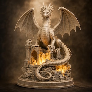 Può includere: Una statuetta di drago color beige con grandi ali appollaiata su una base di rovine in pietra. La scultura presenta squame intricate, una lunga coda e cristalli color ambra luminosi incastonati nella struttura architettonica in pietra.