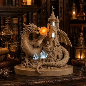 Può includere: Una scultura di drago color sabbia su una base rocciosa con una torre, che tiene in mano una sfera arancione luminosa. La torre presenta finestre illuminate e la base include diverse formazioni di cristalli chiari luminosi su una piattaforma circolare.
