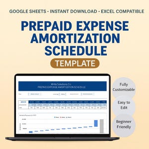 May include: A laptop screen shows a spreadsheet labelled "PREPAID EXPENSE AMORTIZATION SCHEDULE." The display includes a table and a line graph. The top text reads "GOOGLE SHEETS • INSTANT DOWNLOAD • EXCEL COMPATIBLE." Additional text includes "Fully Customizable," "Easy to Edit," and "Beginner Friendly."