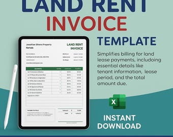 Plantilla de factura de alquiler de terrenos en Excel. Hoja de cálculo de facturación de arrendamiento de propiedad. Rastreador de pagos de inquilinos/Formulario de recibo de alquiler editable. Factura de bienes raíces.