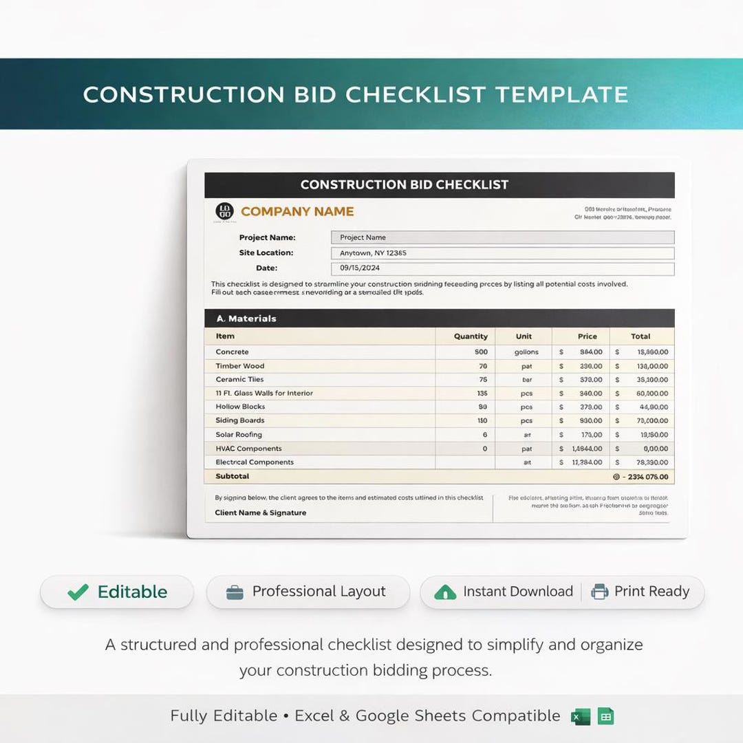 Construction Bid Checklist Template | Excel Contractor Proposal ...