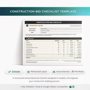Könnte beinhalten: Eine Vorlage für eine Bauangebots-Checkliste mit weißem Hintergrund und türkisfarbenem Header. Die Checkliste enthält Abschnitte für Projektdetails, Materialien und Kosten. Der Text enthält "Editable", "Professional Layout" und "Instant Download".