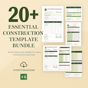 May include: A bundle of construction templates with the text "20+ ESSENTIAL CONSTRUCTION TEMPLATE BUNDLE." The image includes several white documents with green and black text, and the words "Instant Download" are also visible.