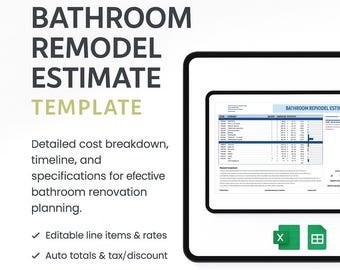 Plantilla de presupuesto de remodelación de baño en Excel / Calculadora de costos de renovación / Hoja de cálculo de presupuesto para mejoras del hogar / Planificador de gastos de contratista