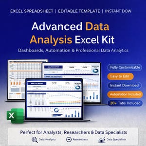 Könnte beinhalten: Werbung für ein Advanced Data Analysis Excel Kit. Das Bild zeigt drei Laptops mit Datenanalyseberichten. Der Text enthält "Dashboards, Automatisierung & professionelle Datenanalyse" und "Vollständig anpassbar".