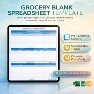Op de afbeelding: Een digitale supermarkt spreadsheet sjabloon op een tablet. De sjabloon bevat secties voor zuivel, schoonmaakproducten, diepvriesproducten, groenten, vlees en kruiden. Inclusief voorgeformatteerde secties, een aanpasbare tracker en eenvoudige kostenberekening.
