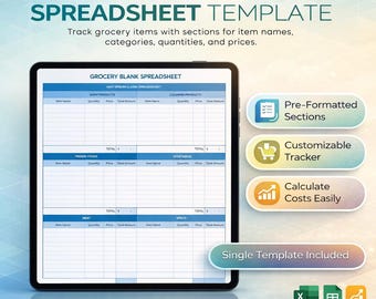 Hoja de cálculo en blanco para comestibles: plantilla sencilla de lista de compras y seguimiento de gastos / Hoja de cálculo editable de Excel para la planificación semanal de comestibles
